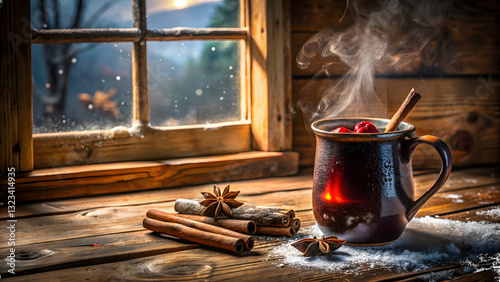 Warming Mulled Wine on Wooden Sill with Winter Landscape 