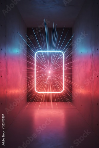 Futuristic sci fi concrete room with glowing neon virtual reality portal computer video games vibrant colors laser energy source blue and red neon lights