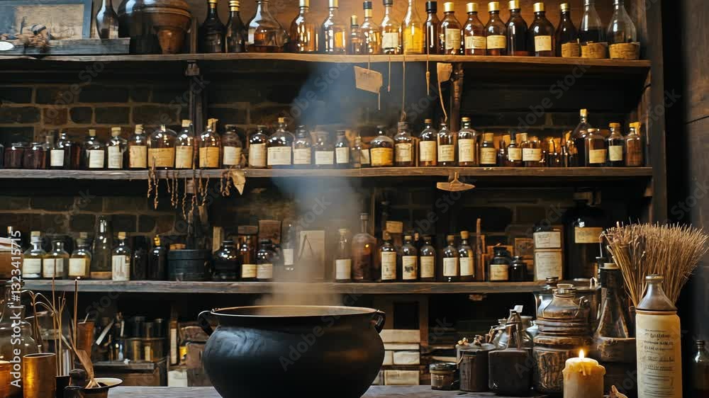 Herbal potion brewing in a magical apothecary filled with vintage bottles Herbal potion brewing in a magical apothecary filled with vintage bottles