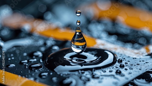 Macro close-up of a water droplet falling on a glossy black surface with orange accents creating a vibrant contrast and texture.