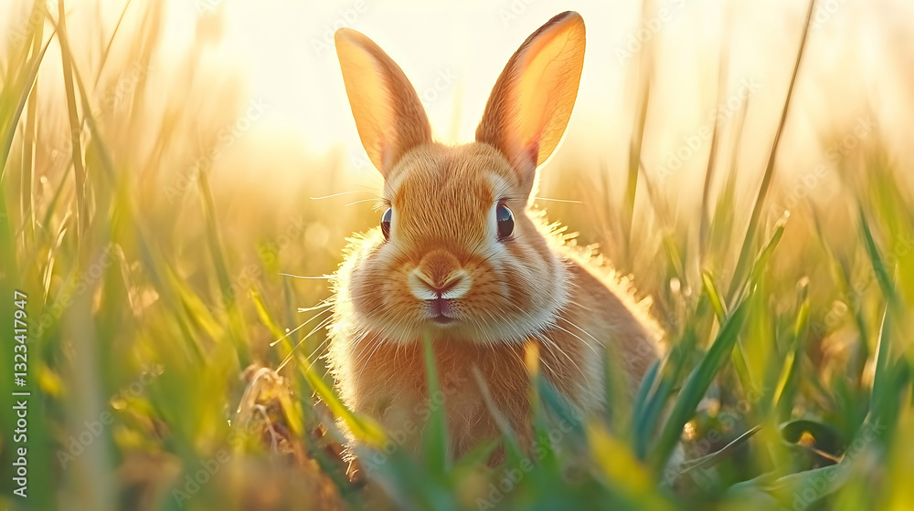 Fototapeta premium Adorable bunny in tall grass at sunrise