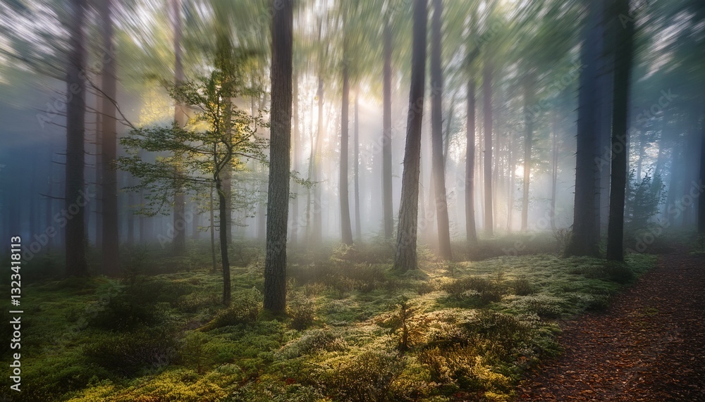 Fototapeta premium Abstract blurred forest background with a misty depth effect, creating a calming and atmospheric nature scene. Perfect for serene designs and nature-inspired projects.