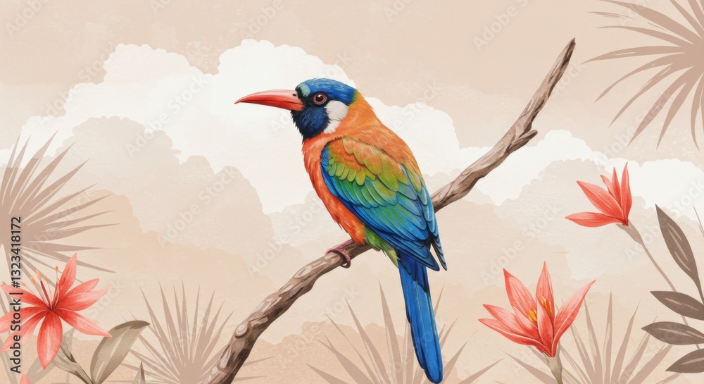 Obraz premium Vibrant tropical bird perched on a branch amidst soft clouds and colorful flowers in a serene landscape - tropical dry broadleaf forest