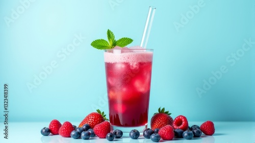 Wallpaper Mural Refreshing Berry Cocktail with Mint and Straw on Light Blue Torontodigital.ca