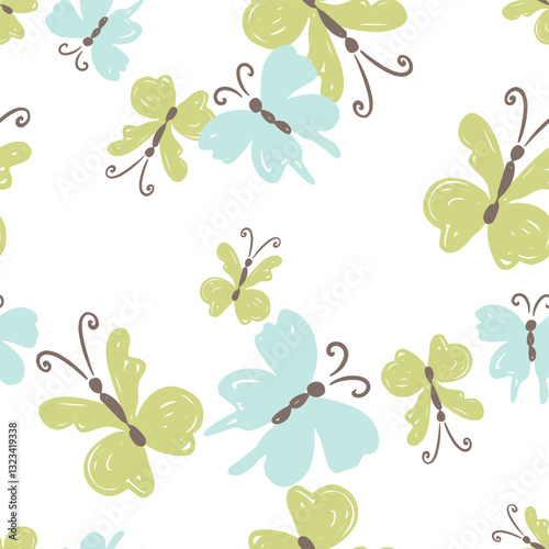 Colorful hand drawn butterflies seamless whimsical pattern vector illustration