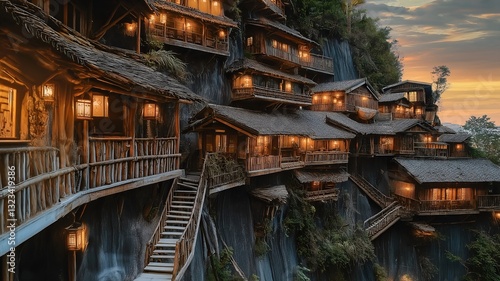 a group of wooden buildings sitting on top of a cliff, pexels contest winner, renaissance, epic rivendell fantasy photo