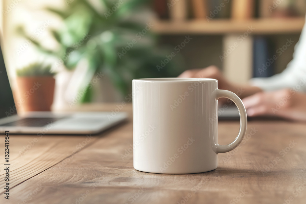 Fototapeta premium Glossy white ceramic mug on a rustic wooden desk with a blurred office background. Perfect for branding, product showcases, and design presentations. Warm and photorealistic
