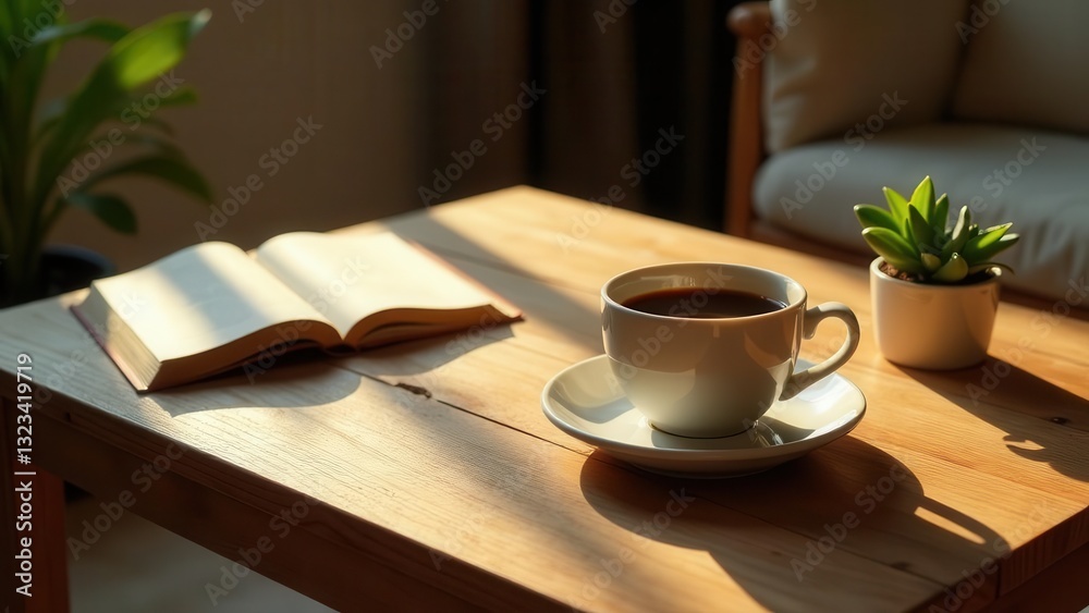 Serene morning sunlight illuminates a wooden table, showcasing a steaming cup of coffee, an open book, and a small potted succulent plant, creating a peaceful and inviting atmosphere. Serene morning sunlight illuminates a wooden table, showcasing a steaming cup of coffee, an open book, and a small potted succulent plant, creating a peaceful and inviting atmosphere.