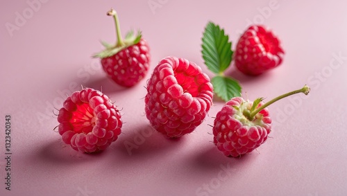 Fresh raspberries arranged artistically on a soft pink pastel background, showcasing vibrant red color with green leaves, evoking summer freshness.