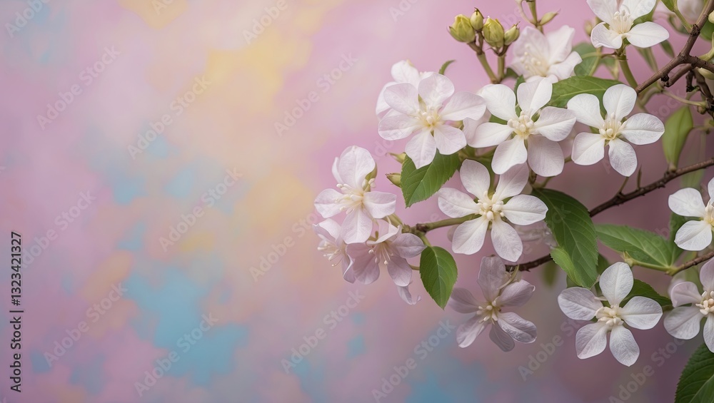 Blossoming jasmine branch with white flowers on left against a soft pastel pink and blue textured backdrop creating a serene summer ambiance Blossoming jasmine branch with white flowers on left against a soft pastel pink and blue textured backdrop creating a serene summer ambiance