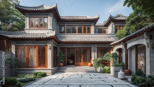 Renovated traditional Chinese style house with gray stone facade, wooden details, lush greenery, and intricate rooflines under clear blue sky. photo