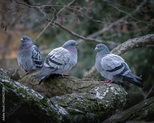 City pigeons sitting on a tree branch on a winter morning with snowflakes falling