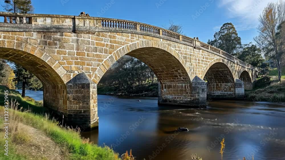 Historic stone bridge spans tranquil river under clear blue sky in a serene natural landscape Historic stone bridge spans tranquil river under clear blue sky in a serene natural landscape