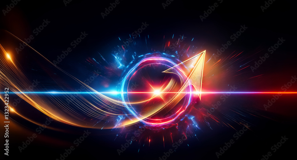 Fototapeta premium Vibrant abstract design featuring luminous blue, orange, and red curved streaks against a dark backdrop. A central circular element radiates bright light, creating a futuristic and dynamic effect.