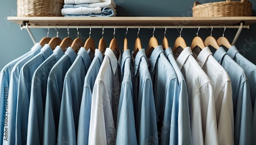 Neatly arranged rack of freshly laundered blue and white shirts on wooden hangers against a teal wall with space for text or design insertion.