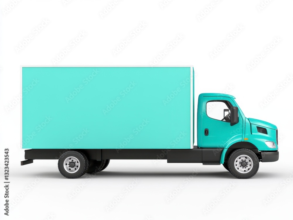 Side profile of a light teal delivery truck on a white background. The truck is boxy and compact, ideal for urban deliveries. Side profile of a light teal delivery truck on a white background. The truck is boxy and compact, ideal for urban deliveries.