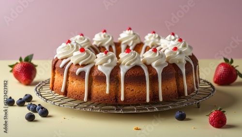 Delicious poundcake topped with whipped cream and cherries on a wire rack surrounded by strawberries and blueberries on a pastel backdrop. photo