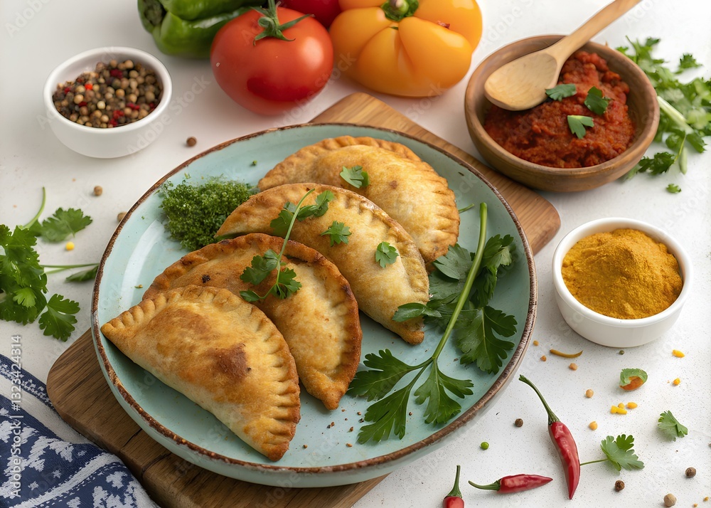 A beautifully arranged plate of golden-brown empanadas, garnished with fresh herbs. Surrounding the plate are various spices, vegetables, and ingredients, creating a vibrant and appetizing scene