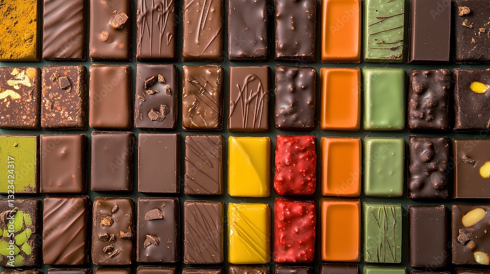 An assortment of chocolate bars arranged creatively with different flavors