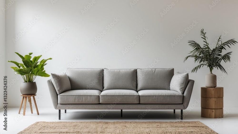 Stylish grey modern sofa positioned centrally on a light wall, complemented by green potted plants on either side, and a beige rug underneath. Stylish grey modern sofa positioned centrally on a light wall, complemented by green potted plants on either side, and a beige rug underneath.