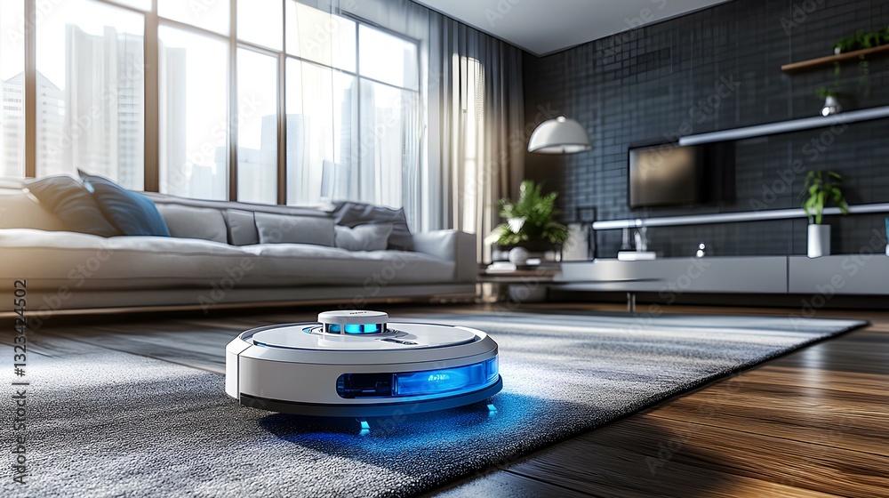 A sleek robot vacuum gliding across a modern living room, avoiding furniture with precision
