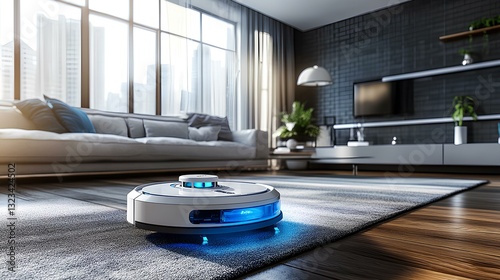 Obraz na płótnie A sleek robot vacuum gliding across a modern living room, avoiding furniture with precision w salonie