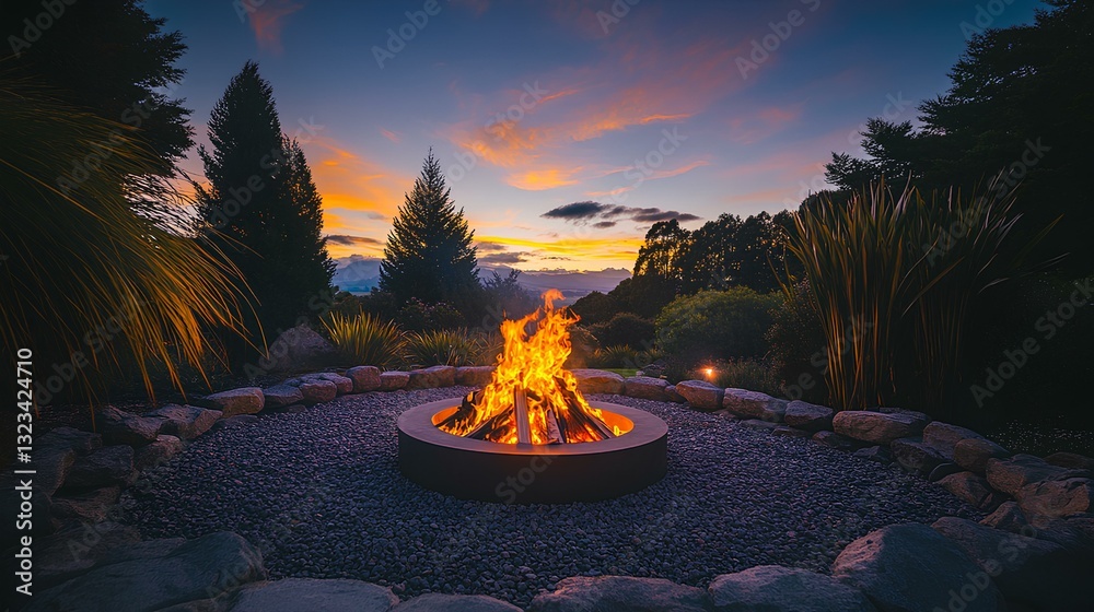 A ceremonial fire pit glowing under the evening sky, surrounded by native New Zealand trees