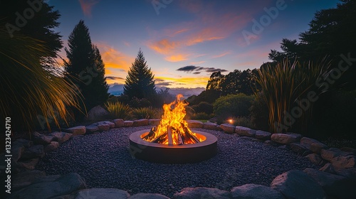 Obraz na płótnie A ceremonial fire pit glowing under the evening sky, surrounded by native New Zealand trees w salonie