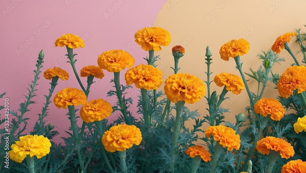 Obraz premium Vibrant marigold flowers in bright yellow and orange against a pastel pink and soft yellow background in a summer garden setting.
