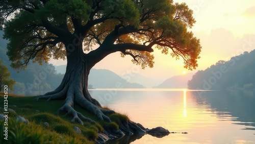 Serene Sunset Vista Majestic Tree Overlooking Tranquil Water, Golden Hour Light Bathes Peaceful Landscape