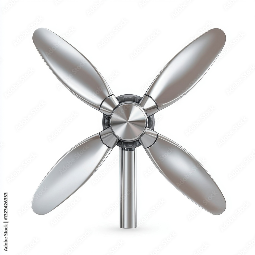 Four metallic propeller blades on a silver central hub, mounted on a vertical shaft against a white background. Clean, modern design. Four metallic propeller blades on a silver central hub, mounted on a vertical shaft against a white background. Clean, modern design.