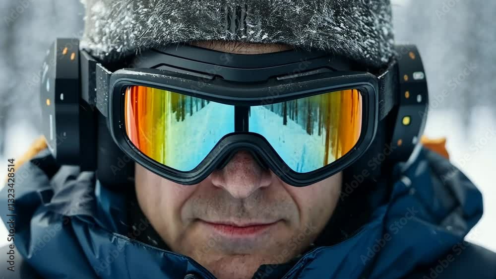 Man wearing goggles and a hat is wearing headphones. He is looking at the camera. Concept of adventure and excitement, as the man is likely preparing for a skiing or snowboarding trip Man wearing goggles and a hat is wearing headphones. He is looking at the camera. Concept of adventure and excitement, as the man is likely preparing for a skiing or snowboarding trip