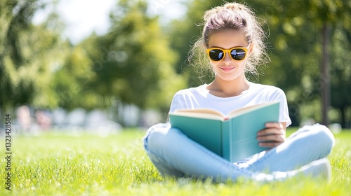 Fototapeta Naklejka Na Ścianę i Meble -  Teenager in sunglasses reading a book in the park 