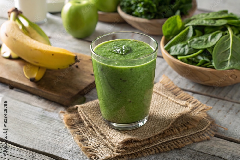 Fresh Green Smoothie with Spinach and Kale on Wooden Table Fresh Green Smoothie with Spinach and Kale on Wooden Table