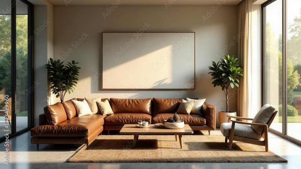Fototapeta premium Serene Living Room Interior Design with Brown Leather Sectional Sofa and Natural Light