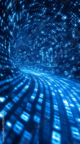 Digital Tunnel of Glowing Blue Binary Code and Data Streams at High Speed