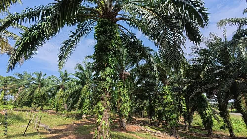 Palm oil trees flourishing in a lush plantation, a vital commercial crop in tropical Malaysia. The fruits are processed into cooking oil and various essential products. Palm oil trees flourishing in a lush plantation, a vital commercial crop in tropical Malaysia. The fruits are processed into cooking oil and various essential products.