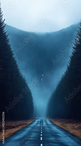 Fog Envelops a Winding Road Carved Through Dense Pine Trees in a Serene Mountain Landscape at Dawn