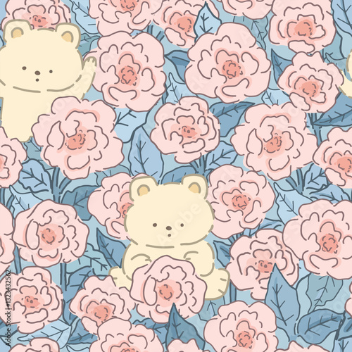 Cute teddy bear having fun in rose flower garden seamless background
