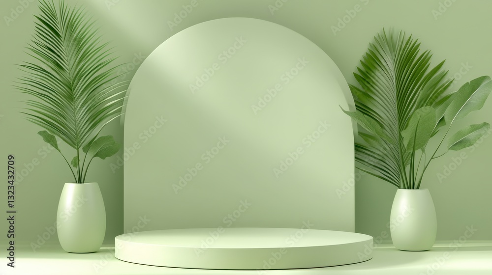 Pastel green studio background with a round pedestal, two potted plants with palm leaves, and soft lighting.