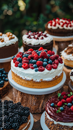 Delicious Assortment of Berry Topped Cakes Displayed Outdoors at a Summer Celebration