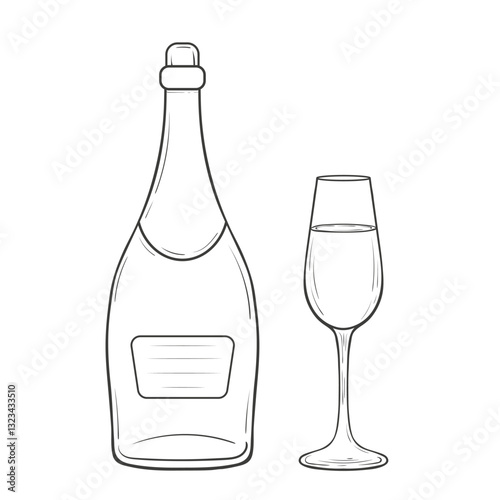 Outlined illustration of a champagne bottle and a glass. Hand drawn ink corked bottle of champagne and a flute glass filled with beverage