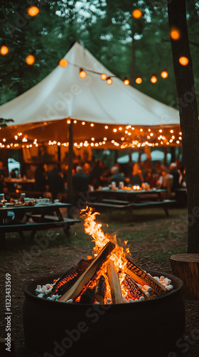 Cozy Gathering Around a Warm Campfire at Night With String Lights Illuminating the Outdoor Tent
