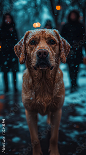 Dog Standing in the Snow While People Walk in the Background on a Winter Evening