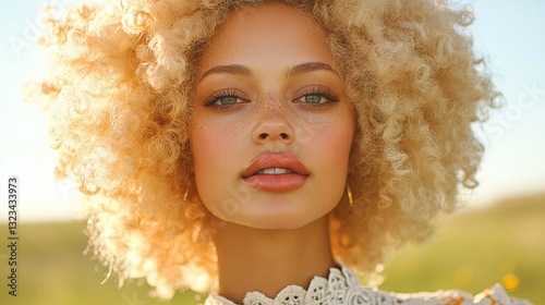 Young Woman With Curly Blonde Hair Enjoys Sunlight in a Natural Landscape During Golden Hour