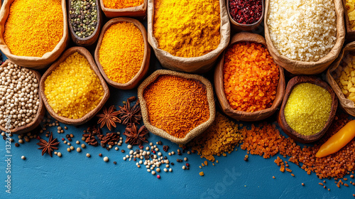 Colorful Spices Arranged in Bowls on a Blue Table Highlighting Diverse Culinary Ingredients and Textures