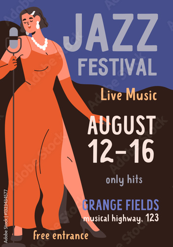 Jazz music festival poster design. Female singer with microphone, promotion p...