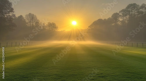 Sunrise Casts Golden Rays Over Misty Green Fields in Serene Rural Landscape