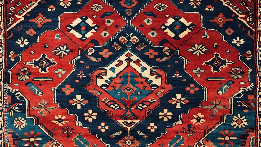 Colorful Persian carpet design showcasing intricate tribal patterns with rich reds, deep blues, and vibrant yellows centered with diamond motifs. Colorful Persian carpet design showcasing intricate tribal patterns with rich reds, deep blues, and vibrant yellows centered with diamond motifs.