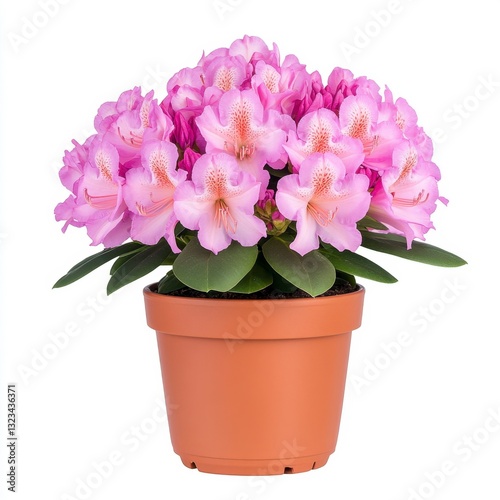 Wallpaper Mural Pink rhododendron blossoms in a terracotta pot against a white background. The image features vibrant pink flowers and lush green leaves. Torontodigital.ca